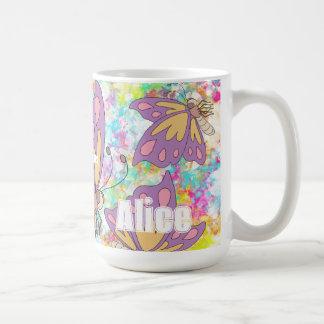 Custom name girly watercolor butterflies Purple Kaffemugg