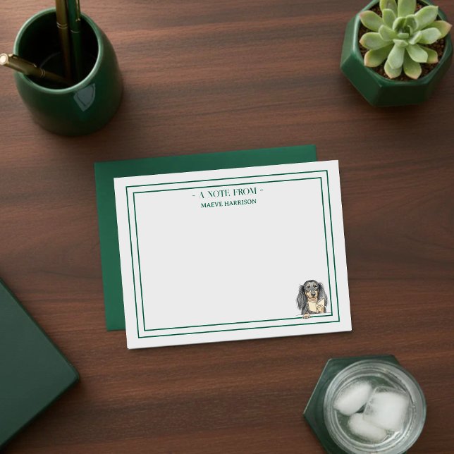 Custom Name Hand Drawn Dachshund Reading Anteckningskort (Gift custom stationery to the dog lover in your life! )