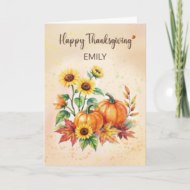 Custom Name Happy Thanksgiving Sunflowers Pumpkins Kort (Framsida)