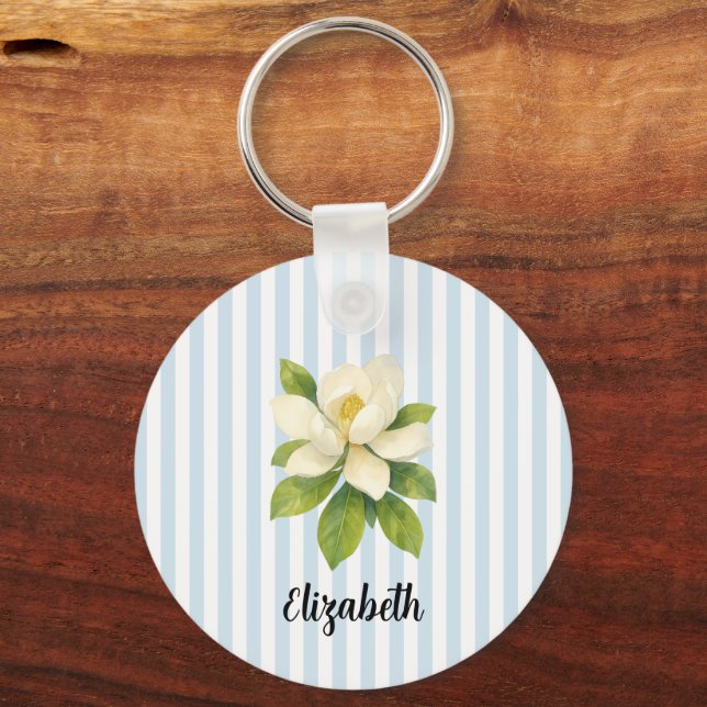 Custom Name Magnolia Painting Nautical Stripe  Nyckelring (Framsida)