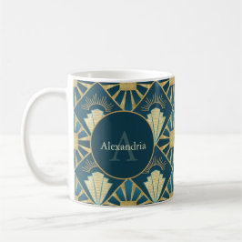 Custom Name & Monogram Art Deco Teal & Gold Kaffemugg