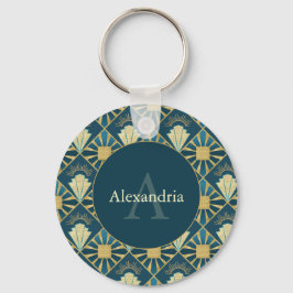 Custom Name & Monogram Art Deco Teal & Gold Nyckelring