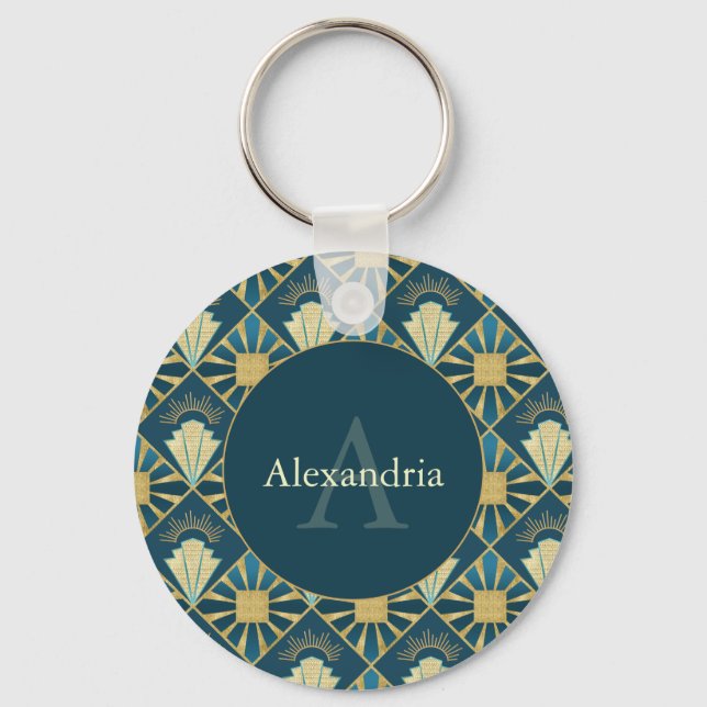 Custom Name & Monogram Art Deco Teal & Gold Nyckelring (Framsida)