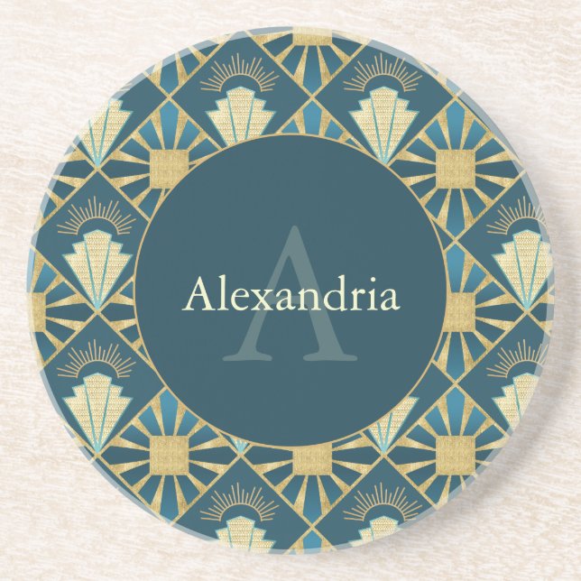 Custom Name & Monogram Art Deco Teal & Gold Underlägg (Framsidan)