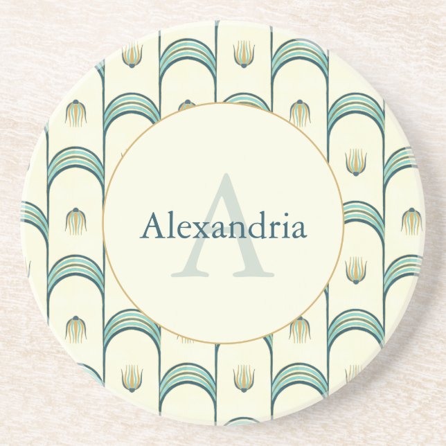 Custom Name & Monogram Art Deco Teal & Gold Underlägg (Framsidan)