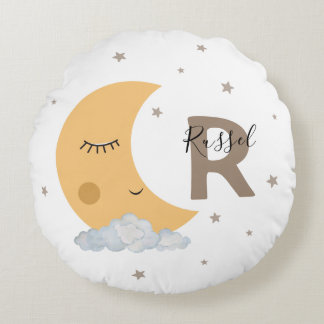 Custom Name Moon Nursery Pillow in Brown Tan Cute Rund Kudde