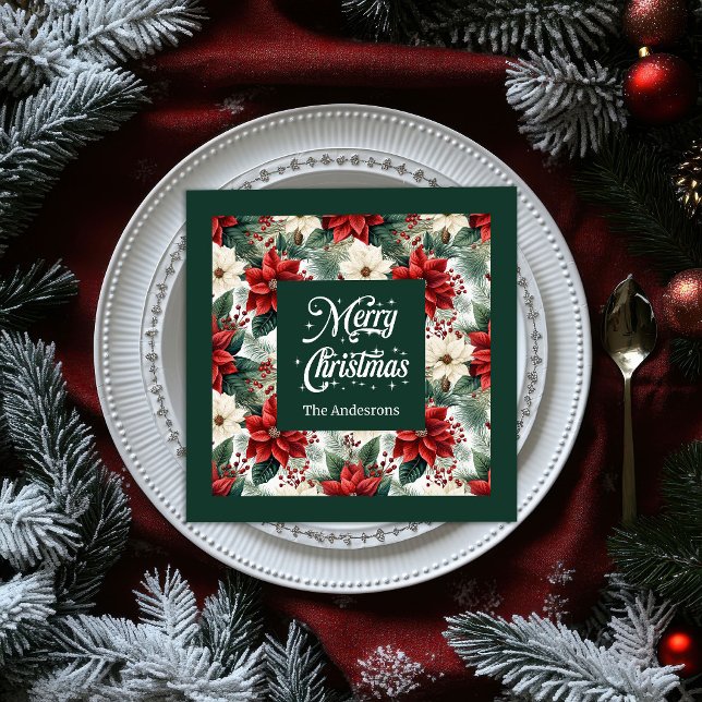 Custom Name Napkins Red Green Christmas Flowers Pappersservett (Custom Name Napkins Red Green Christmas Flowers)