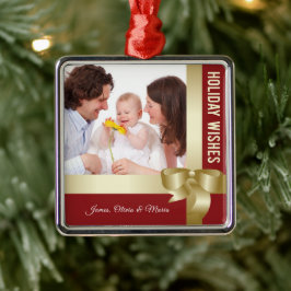 Custom Name & Photo Holiday Red, Gold Bow Julgransprydnad Metall