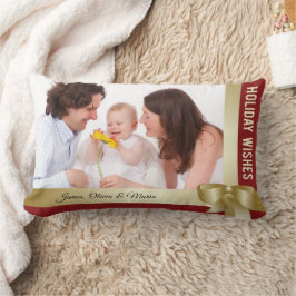 Custom Name & Photo Holiday Red, Gold Bow Lumbarkudde
