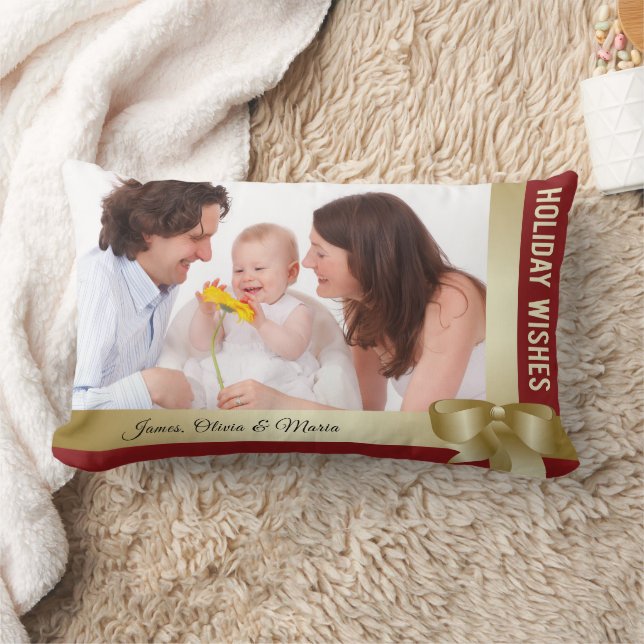 Custom Name & Photo Holiday Red, Gold Bow Lumbarkudde (Filt)