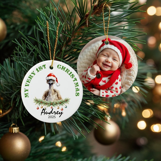 Custom Name & Photo Keepsake with Cute Aussie Emu Julgransprydnad Keramik (Skapare uppladdad)