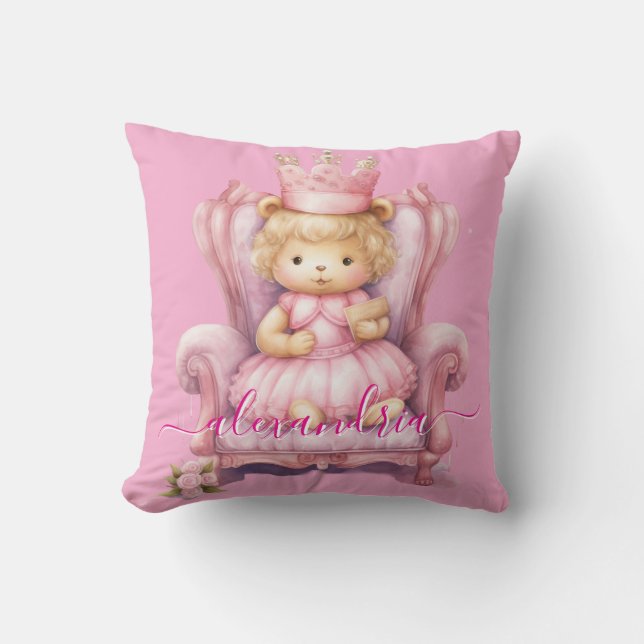 Custom Name Pink Girly Teddy Bear Throw Pillow Kudde (Framsida)