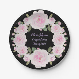 Custom Name, Pink Roses Paper Plate Baby Shower