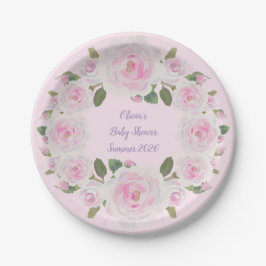 Custom Name, Pink Roses Paper Plate Baby Shower