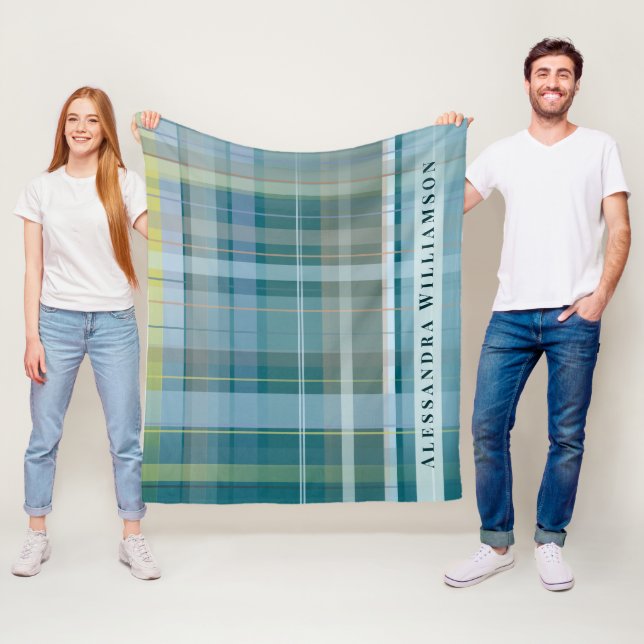 Custom Name Plaid Check Blue Teal Modern Stylish  Fleecefilt (På plats)