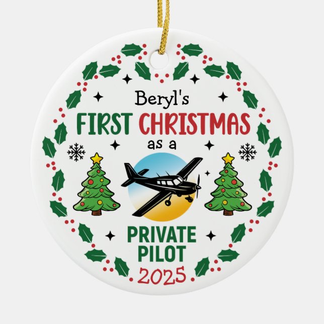 Custom Name Private Pilot First Christmas Julgransprydnad Keramik (Framsidan)