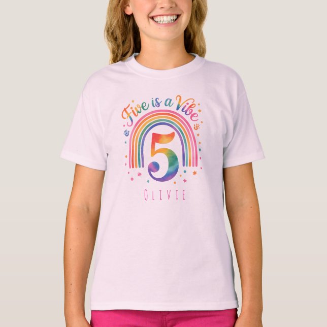 Custom Name Rainbow 5th Birthday Kids T-Shirt  (Framsida)