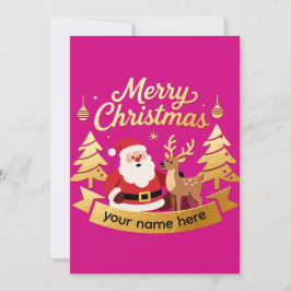 Custom Name Red Gold Santa Reindeer Christmas Card Julkort