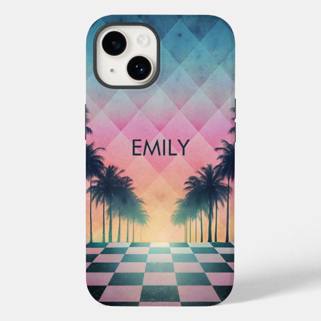 Custom Name Retro Synthwave Sunset Palm Trees (Baksida)