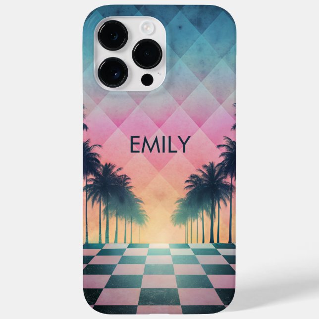 Custom Name Retro Synthwave Sunset Palm Trees (Baksida)