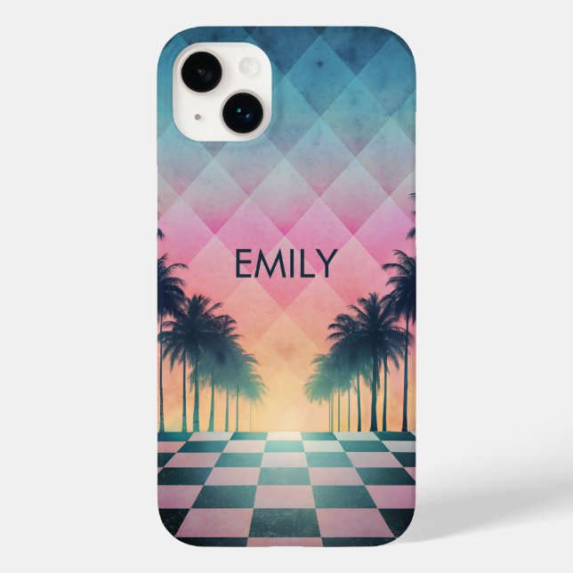 Custom Name Retro Synthwave Sunset Palm Trees (Baksida)