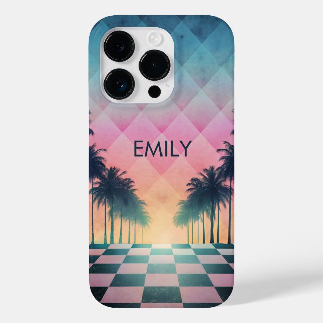 Custom Name Retro Synthwave Sunset Palm Trees (Baksida)
