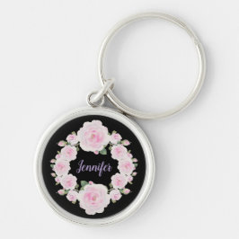 Custom Name, Soft Pink Roses Wreath Metal Keychain Rund Silverfärgad Nyckelring