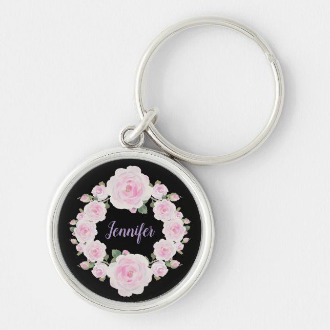 Custom Name, Soft Pink Roses Wreath Metal Keychain Rund Silverfärgad Nyckelring (Framsidan)