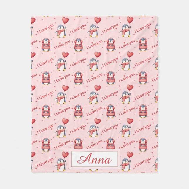 Custom Name Whimsical Penguin Kids Fleece Blanket (Framsidan)