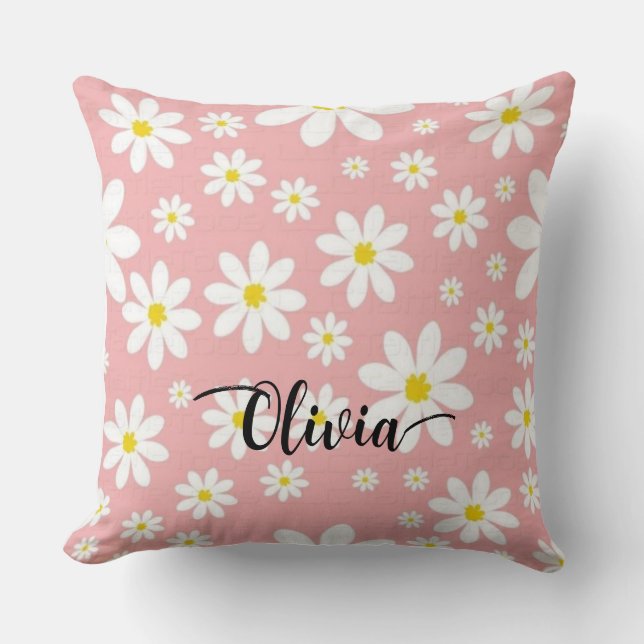 Custom Name White Floral Background Throw Pillow Kudde (Framsida)