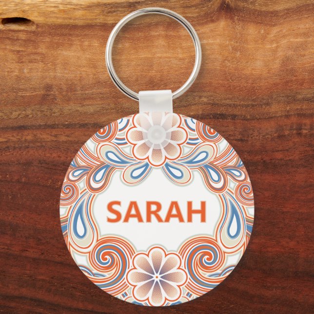 Custom name with vintage orange swirls nyckelring (Framsida)