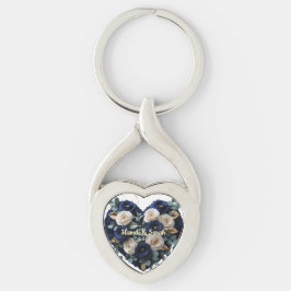 Custom Navy Gold Floral Monogram Heart Keychain Twisted Heart Silverfärgad Nyckelring
