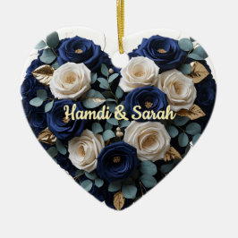 Custom Navy Gold Floral Monogram Heart Ornament