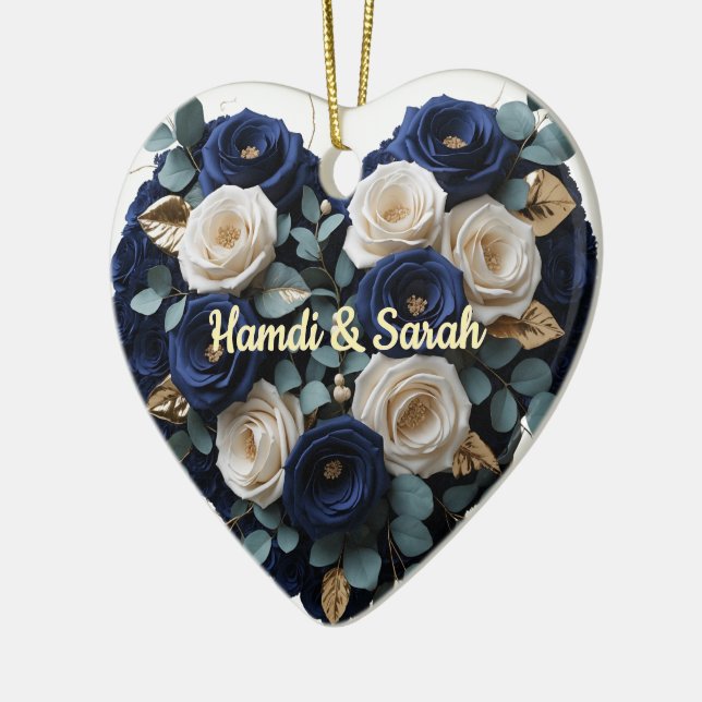 Custom Navy Gold Floral Monogram Heart Ornament (Vänster)
