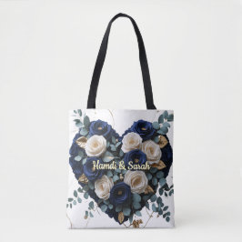 Custom Navy Gold Floral Monogram Heart Tote Bag Tygkasse