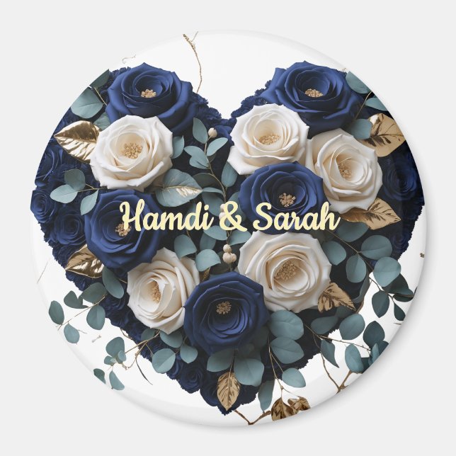 Custom Navy Gold Floral Monogram Round Magnet (Framsidan)