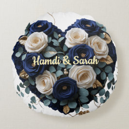 Custom Navy Gold Floral Monogram Round Pillow Rund Kudde