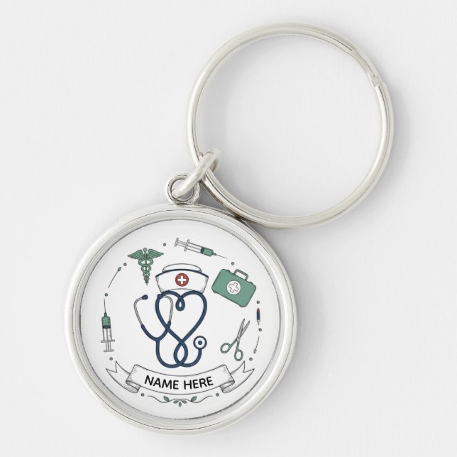 Custom Nurse Name Keychain | Medical Appreciation  Rund Silverfärgad Nyckelring (Framsidan)