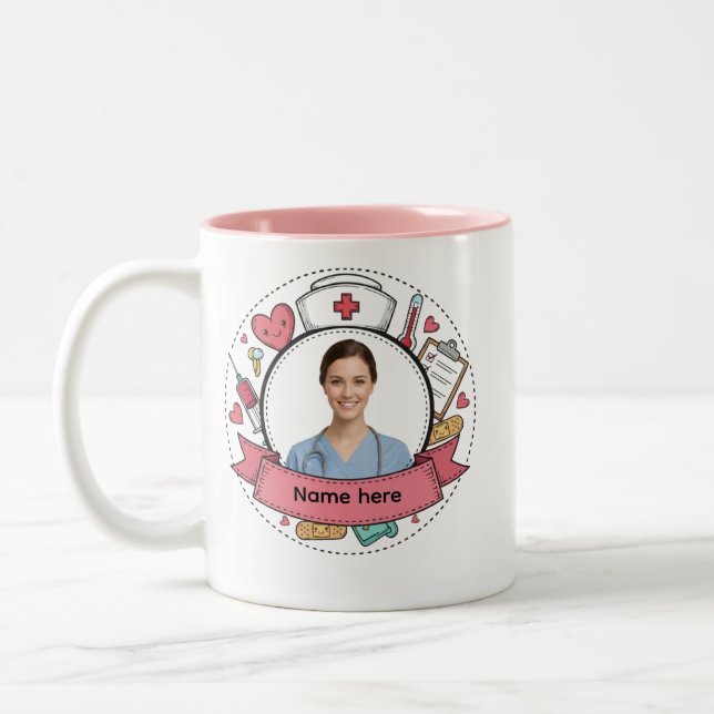 Custom Nurse Photo Mug with Name Två-Tonad Mugg (Vänster)
