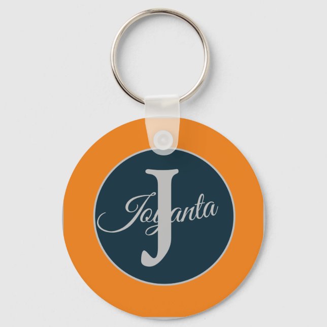 Custom  orange greay blue Monogram Elegant Nyckelring (Framsida)