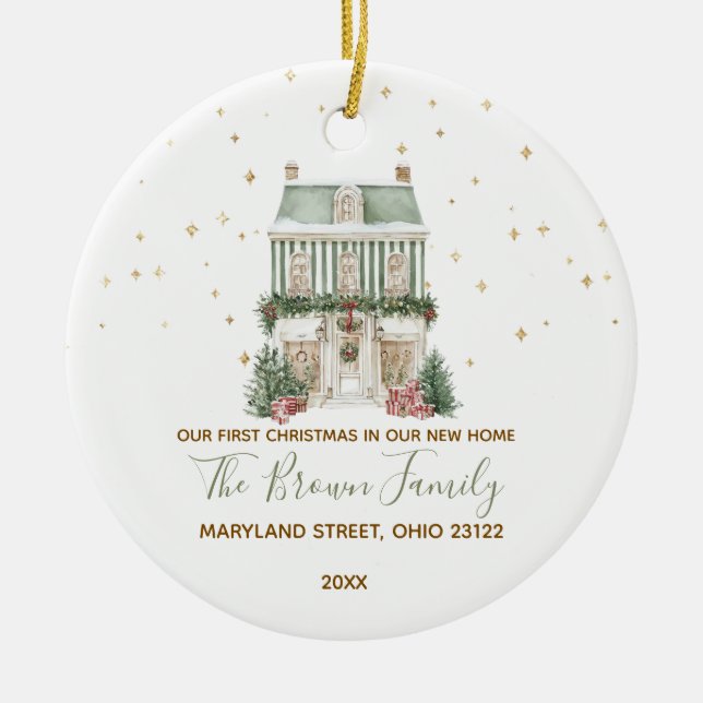 Custom Our First Christmas New Home Gold Snowflake Julgransprydnad Keramik (Framsidan)