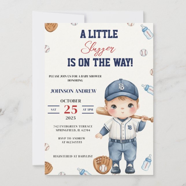 Custom Our Little Slugger Baseball Baby Shower Inbjudningar (Framsida)