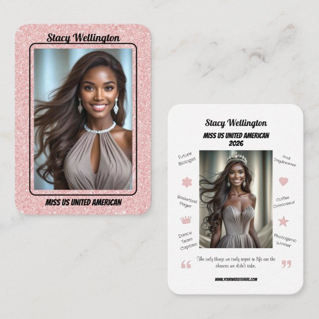 Custom Pageant Trading Cards | Rose Gold Glitter Visitkort (Fram/baksida)