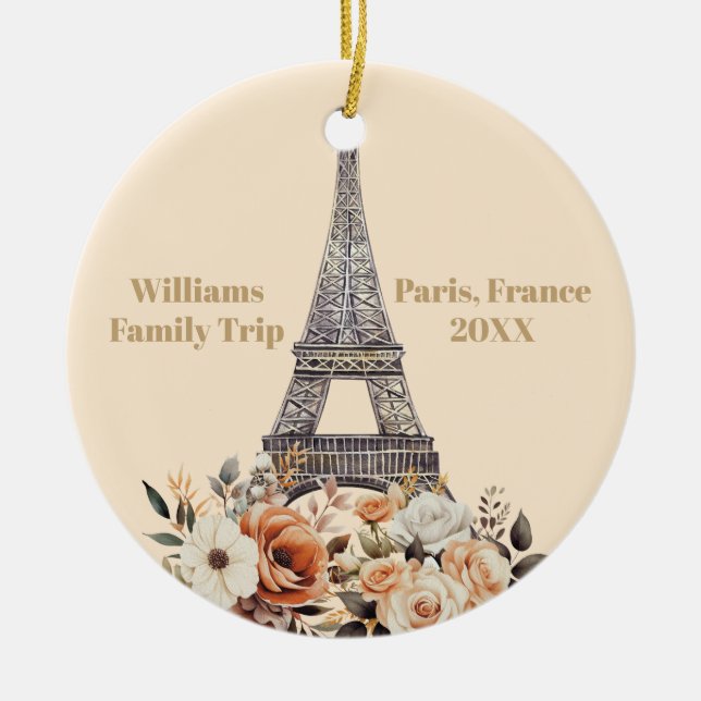 Custom Paris Trip Eiffel Tower Floral Christmas Julgransprydnad Keramik (Framsidan)
