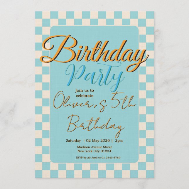Custom Pastel Blue Checkered Birthday Party Inbjudningar (Framsida)