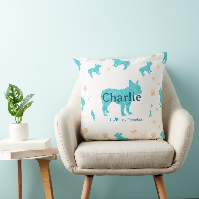 Custom Pastel blue french bulldog throw pillow Kudde (Stol)