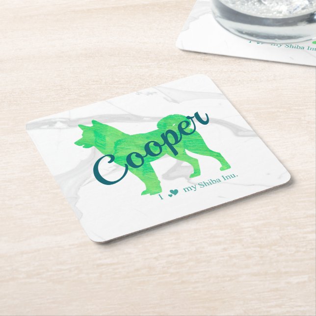 Custom Pastel Green Shiba Inu Silhouette  Coaster Underlägg Papper Kvadrat (Vinklad)