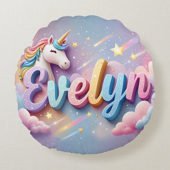 Custom Pastel Unicorn Name Pillow Rund Kudde (Framsidan)