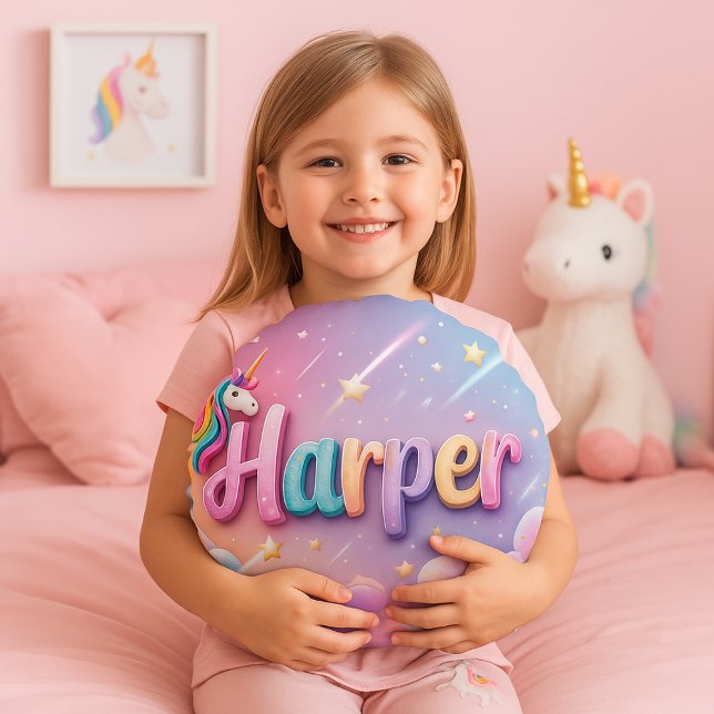 Custom Pastel Unicorn Name Pillow Rund Kudde (Skapare uppladdad)