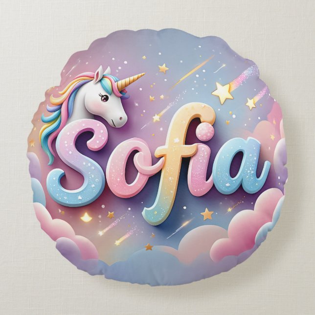 Custom Pastel Unicorn Sofia Pillow Rund Kudde (Framsidan)